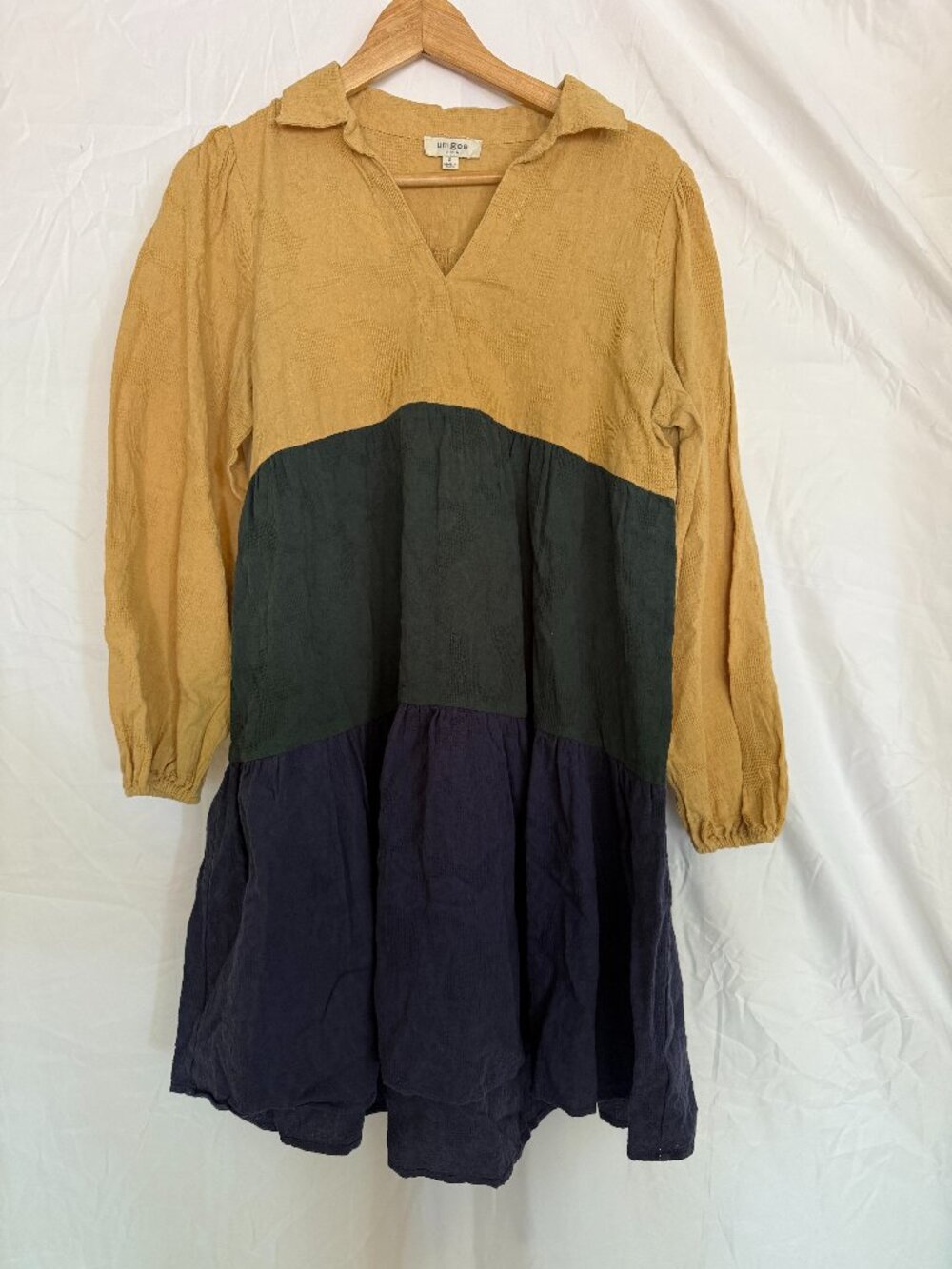 Umgee Textured Color Block Tiered Dress Mustard Green Navy Size S